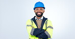 Construction worker, architecture and man, face and arms crossed with smile and contractor on white background. Engineer in portrait, professional handyman for maintenance and mockup space in studio