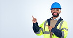 Engineering man, face and presentation mockup for construction deal, information and advertising design in studio. Builder, architect or african worker pointing to space or news on a white background