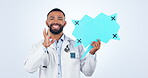 Doctor, speech bubble and space in communication, healthcare FAQ and chat with ok or yes emoji in studio. Face of medical man with quote sign and poster mockup, tracking marker and white background