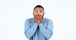 Face, hands of man and wow in studio isolated on white background mockup space. Portrait, surprise and person shocked at information, announcement or mind blown at unexpected news, confused or amazed