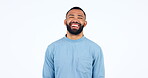 Smile, comic and funny with a man laughing in studio isolated on a white background for comedy. Portrait, happy and fashion with a confident young person excited by a meme, joke or playful humor