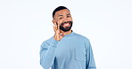 Happy man, OK sign and approval in casual fashion, advertising or marketing against a white studio background. Portrait of male person in happiness with like emoji, yes or okay and perfect on mockup