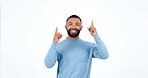 Dance, man and hands with smile in studio for celebration, giveaway winner or lotto announcement on white background. Mockup, person and happiness for promotion, achievement or success with energy