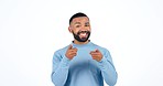 Face, pointing to you and man with support, smile and decision on white studio background. Portrait, person and model with hand gesture, emoji and opportunity with motivation, choice and mockup space