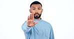 Face, hand and man with stop, warning and rejection with sign, negative and no on a white studio background. Portrait, model and person with gesture, deny and forbidden with protest and mockup space