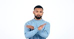 Face, no and man in studio with stop, head shake or protest hands, fail or wrong, opinion or vote on white background. Reject, portrait and guy model with warning, protest or decision, order or ban