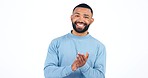 Applause, success and face of man in studio with motivation, choice or vote, support and well done on white background. Happy, portrait and male model clapping hands for thank you, praise or congrats