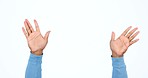 Hello, hands and person in studio with greeting wave, gesture or welcome sign closeup on white background. Palm, attention and emoji model with warning, caution or sign language, goodbye or zoom stop