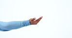 Isolated, calling gesture and a hand on a white background for communication, attention or invitation. Sign, conversation and a person with a gesture, arm or fingers for speaking or direction