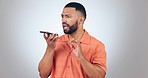 Speaker, phone call and frustrated man win studio with conflict, problem or bad connection on grey background. Smartphone, fail and angry male model annoyed by conversation glitch, 404 or phishing 