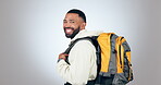 Man, backpack and hiking, face and travel with vacation or fitness isolated on white background. Adventure, trekking and happiness with mockup space, smile in portrait and explore in a studio