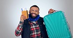 Man, dance with passport and luggage for travel opportunity, vacation or excited for holiday in studio. Face of person with flight ticket, suitcase or bag and happy celebration on a white background