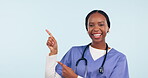 Face, woman and doctor pointing to advertising space, mockup and information on white background in studio. Portrait, happy african nurse and presentation of medical review, healthcare news or advice