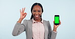 Business woman, phone and green screen in OK or yes emoji, HR presentation or work website in studio. Face, mobile and African worker for Human Resources mockup, tracking marker and white background