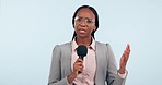 News reporter woman, microphone and face for questions, investigation or announcement by blue background. Young presenter, journalist and tv show interview for media broadcast, live stream or talking