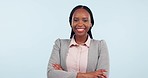 Business, crossed arms and face of black woman in studio for career opportunity, job and ready for working. Professional, corporate and portrait of worker on blue background for pride and confidence