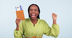 Woman success, celebration and excited for passport, travel opportunity and holiday or vacation in studio. Face of african person with flight ticket, identity document and dance on a white background