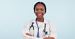 Woman, face and doctor with arms crossed in studio for healthcare services, surgery or consulting on white background. Portrait of happy african surgeon, medical worker or agreement of yes for advice