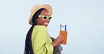Black woman, passport and documents for travel, holiday or vacation against a studio background. Happy African female person or tourist in happiness for flight ticket, trip or summer break on mockup