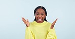 Face, surprise and excited black woman in studio isolated on a white background mockup space. Portrait, wow and  African person happy for good news, success and shocked at announcement of winner.