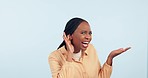 Confused, speak up and face of black woman with ear sign in studio for secret or question on white background. Whisper, portrait and angry African lady model with emoji for huh, gossip or news info