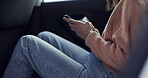 Hands, phone and woman typing in car, taxi and travel in transportation. Smartphone, automobile and person on internet, scroll social media and reading email on website for communication on journey