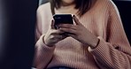 Car, typing and hands of person with phone for social media, online chat and communication in backseat. Travel, transport and woman in motor vehicle for contact, mobile app and internet on smartphone