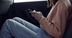 Car, typing and hands of woman with phone for social media, online chat and communication in backseat. Travel, transport and person in motor vehicle for contact, mobile app and internet on smartphone