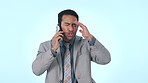 Frustrated businessman, phone call and argument in conversation against a studio background. Angry asian man in business discussion, disagreement or fight talking on mobile smartphone on mockup space