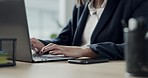 Hands, person and keyboard typing on laptop with email and website developer project in a office. Digital working, research and writing with business data and online web design with software and job