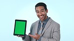 Happy businessman, tablet and palm on green screen, mockup or advertising against a studio background. Portrait of asian man with technology, app or display for marketing, branding or advertisement