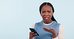 Phone, stress and face of black woman in studio with wtf, fake news or why on grey background. Smartphone, fail and portrait of lady model with 404, glitch or phishing, scam or social media hacker