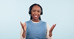 Happy black woman, call center and headphones consulting in customer service against a studio background. Portrait of African female person, consultant or agent talking in online advice on mockup