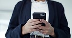 Walking, phone and hands of business person typing a text for work networking in a office. Social media, scroll and professional with a mobile on a website, app or internet page for online search