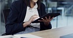 Business woman, hands and tablet in research, social media or communication at night by office. Closeup of female person or employee working late on technology in online search or networking at work