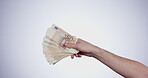 Cash in hand, finance and wealth with bonus, euro notes or bills with lotto winner on white background. Financial freedom, rich person and money fan with payment, investment or savings in a studio