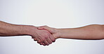 Handshake, partnership and agreement, people with support, trust and team isolated on white background. People shaking hands, introduction or collaboration with thank you and meeting in a studio