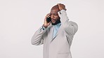Phone call, frustrated and black man talking in studio isolated on white background mockup space. Problem, bad news and business professional on smartphone, stress or angry at contact in conversation