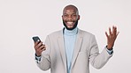 Businessman, phone and celebration in studio for success, promotion or competition at work on white background. Man, professional and smartphone for conversation, and winning with goals in morning