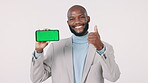 Phone, black man and green screen with thumbs up for marketing and advertising with smile and mockup space. Professional person, smartphone and tracking marker for display and product placement