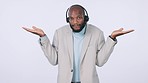 Shrug, call center and face of man in studio with decision, options or comparison hand gesture. Doubt, choice and portrait of African telemarketing or customer support consultant by white background.