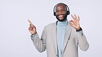 Black man, call center and pointing with OK sign for advertising or list against a studio background. African male person or consultant show steps and like emoji or yes in customer service on mockup