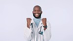 Hands, celebration and face of man doctor in studio with winning, fist and medical success on white background. Healthcare, portrait and Male surgeon celebrating news, promotion or hospital deal