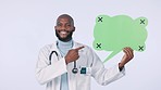 Speech bubble, doctor and face of black man pointing in studio for advertising, news and social media. Healthcare, mockup and portrait of person with tracking markers for medical, service and quote