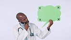 Speech bubble, doctor and face of black man thinking in studio for advertising, news and social media. Healthcare, mockup and portrait of person with tracking markers for medical, service and poster