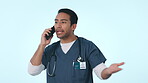 Phone call, doctor and man with anger, stress and communication on a blue studio background. Person, upset and medical professional with a smartphone, frustrated and screaming with mobile contact