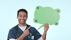 Happy asian man, doctor and pointing to speech bubble in advertising or social media against a studio background. Portrait of male person, medical or healthcare nurse with shape, comment or feedback