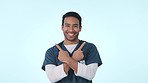 Asian man, doctor and pointing on mockup in advertising, marketing against a studio background. Portrait of happy male person, medical or healthcare nurse smile and showing option, decision or choice
