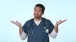 Doctor, man and hands for choice or decision, healthcare plan and insurance or medical question in studio. Confused face of professional nurse with presentation, doubt or options on a blue background