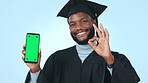 Graduation, college student and green screen phone with ok sign for studio mockup website. University graduate, education and black man with smartphone review, tracking markers and blue background